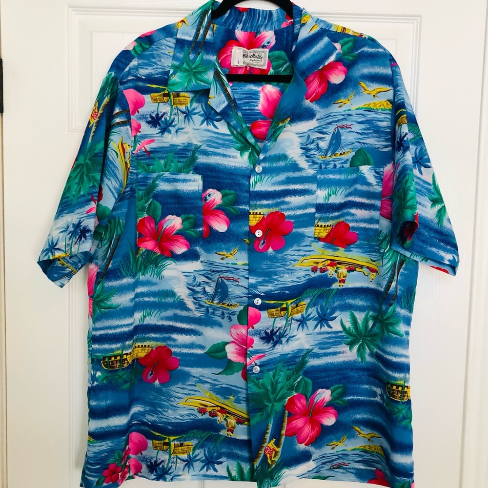 Hilo Hattie Blue Hawaiian Shirt with Pink Floral Print
